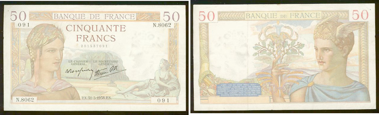 50 Francs CÉRÈS modifié FRANCE 1938 SUP
